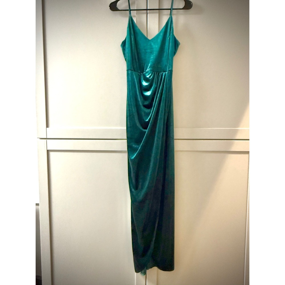 Emerald Green Velvet Maxi Dress Spaghetti Strap V-Neck Wrap Front Sz M Ababalaya